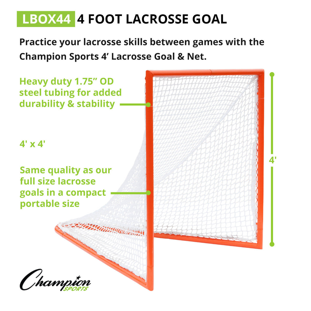 image with feature text for the Official size 4x4 box lacrosse goal featuring a heavy-duty orange steel frame and white 5mm braided polyethylene net.