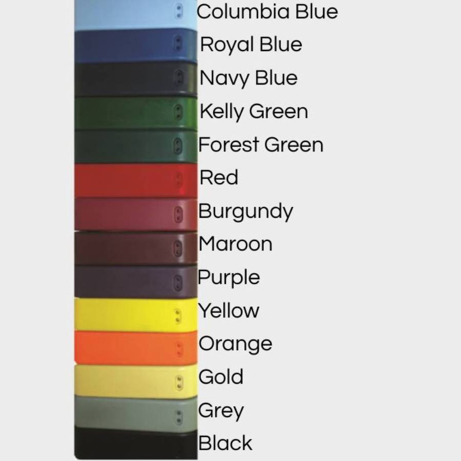 A color chart showing available options for Gared basketball backboard padding, including Columbia Blue, Royal Blue, Navy Blue, Kelly Green, Forest Green, Red, Burgundy, Maroon, Purple, Yellow, Orange, Gold, Grey, and Black.
