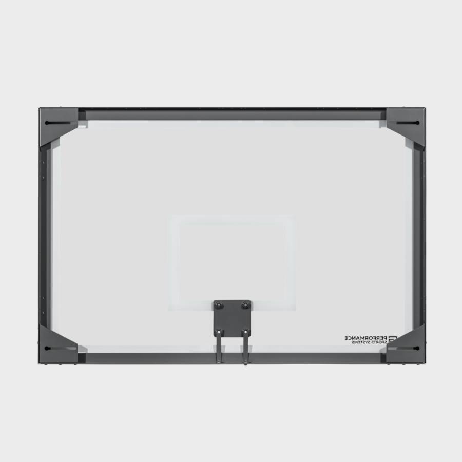 Rear view of a 48 by 72 inch oversized glass basketball backboard highlighting the heavy-duty steel frame, corner mounting brackets, and center support.