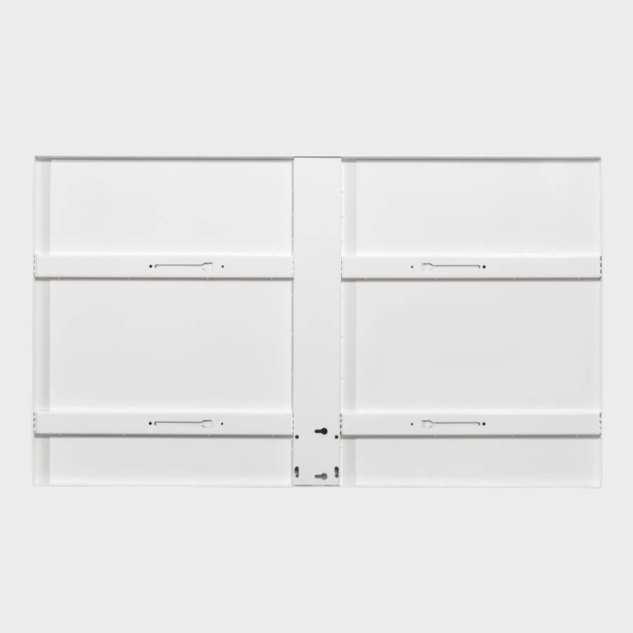 Backside of a heavy-duty white steel basketball backboard detailing the reinforced metal frame, mounting slots, and rim attachment points.