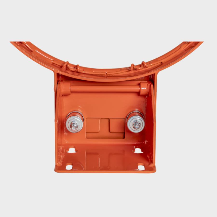 Internal backplate view of the MA10909 Scholastic Flex breakaway rim highlighting the concealed flex mechanism and slotted mounting hardware designed for institutional backboards.