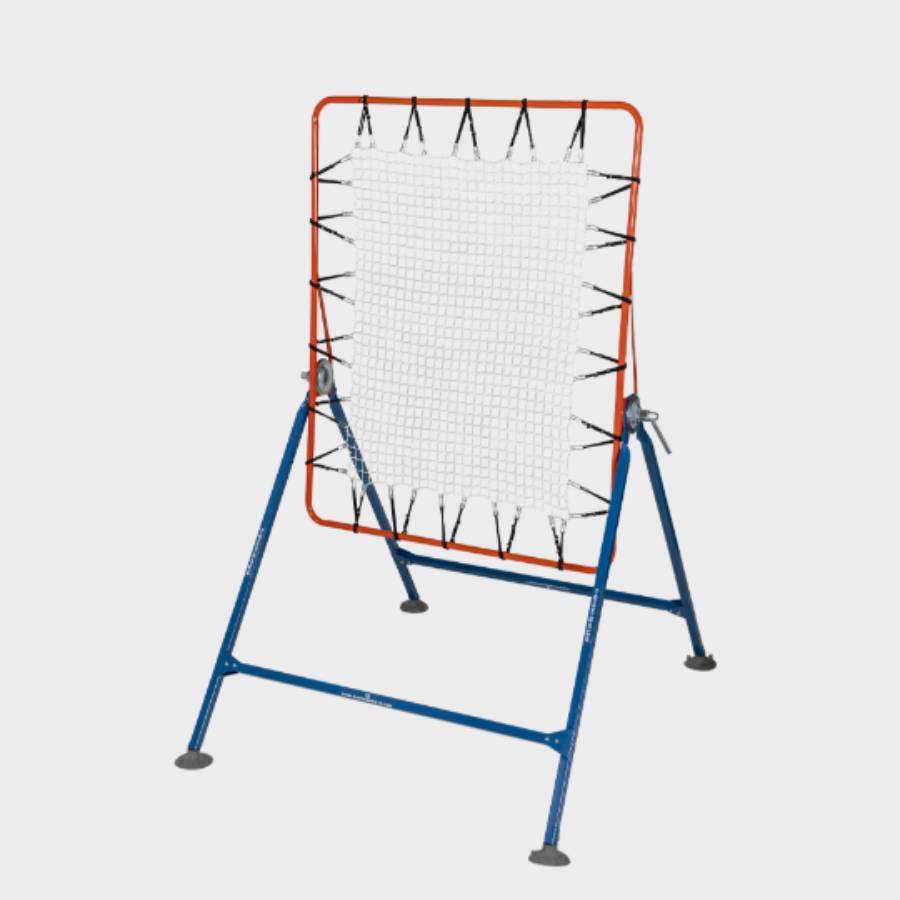 Adjustable basketball rebounder net displaying the orange target frame, heavy-duty bungee attachments, and blue tubular steel frame with rubber floor protectors.