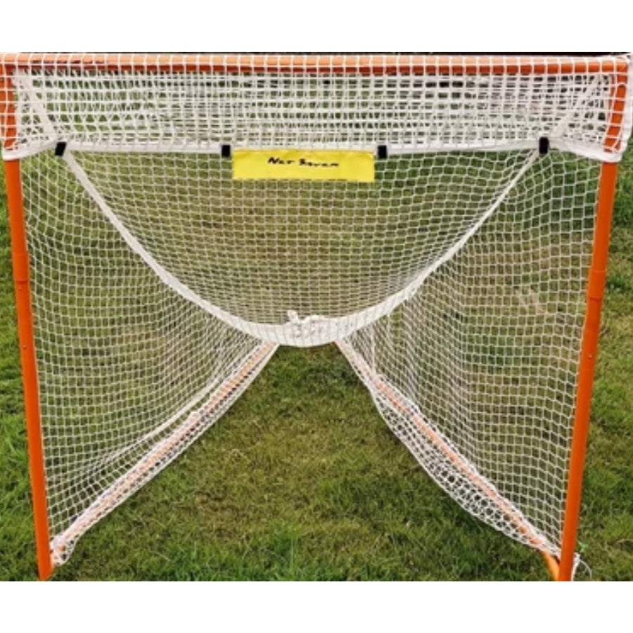 Close-up detail of the Rage Cage Net Saver showcasing the heavy-duty Velcro connection straps that securely fasten the 4mm reinforcement netting directly to the lacrosse goal crossbar.