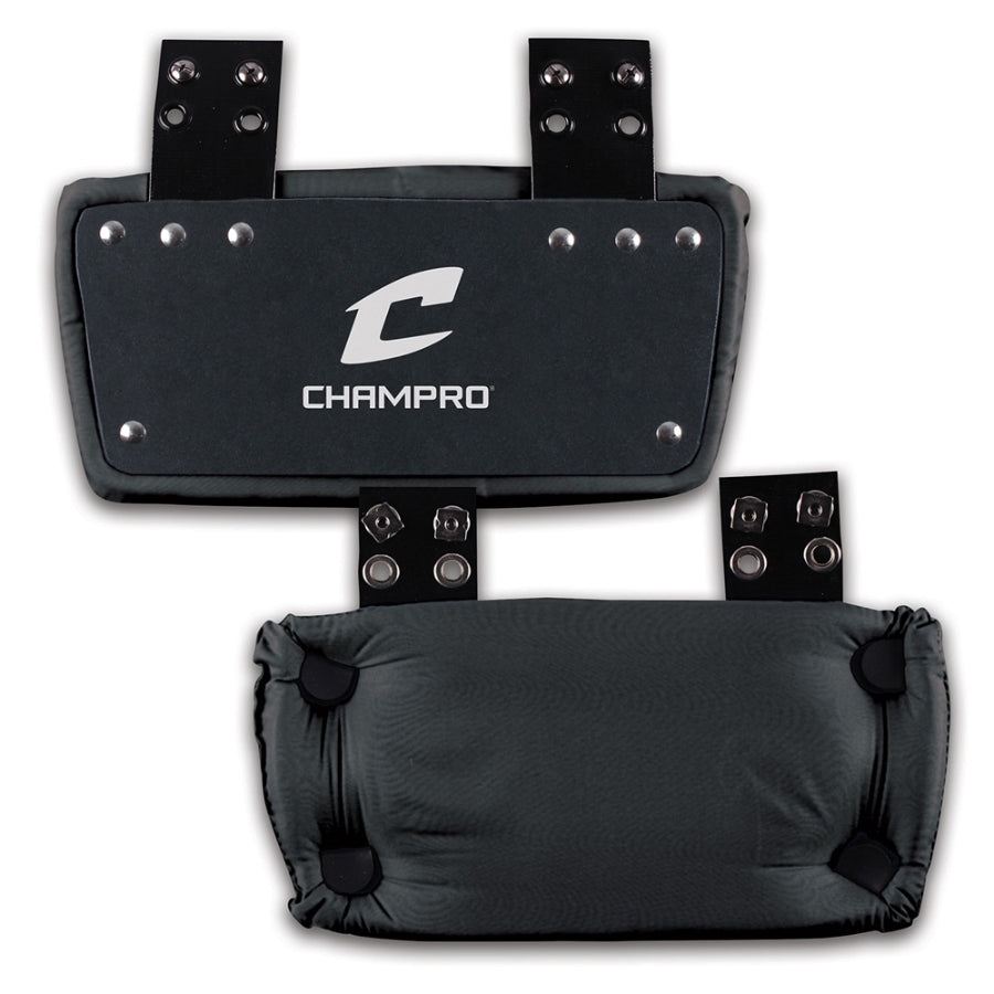 Close-up detail of the heavy-duty attachment straps and included mounting hardware on the universal fit attachable football back plate.