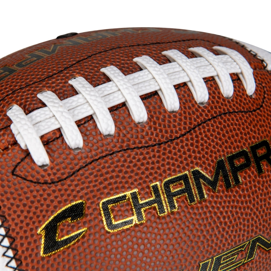 Close-up detail of the tacky 1.4 mm polyurethane cover and tightly stitched white laces on the Champro Athena women's official size football.