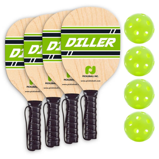 PICKLEBALL DILLER 4 PLAYER PACK - INCLUDES 4 DILLER WOOD PADDLES, FOUR BALLS AND RULE SHEET