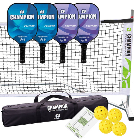 PICKLEBALL TOURNAMENT SET WITH CHAMPION POLY PRO PADDLES- INCLUDES 4 CHAMPION POLY PRO PADDLES, 1 NET SYSTEM, 4 BALLS AND RULES