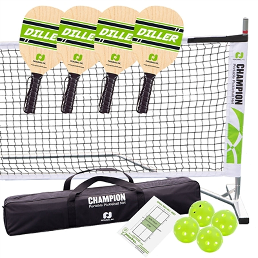 PICKLEBALL TOURNAMENT SET WITH DILLER PADDLES- INCLUDES 4 DILLER PADDLES, 1 NET SYSTEM, 4 BALLS AND RULES