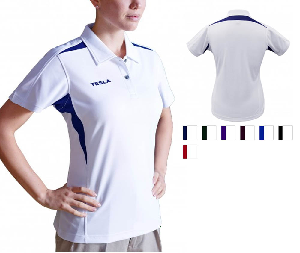 Pro Celebrity Tesla Ladies Polo Shirt White/ Deep Red / X-Small