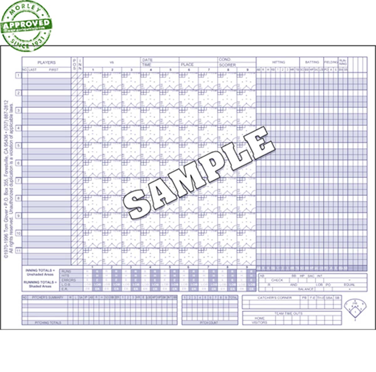 Glovers Score Sheets W/Stats 30 Games Bats 11 (Each) BB100 BATS 11 PLAYERS
