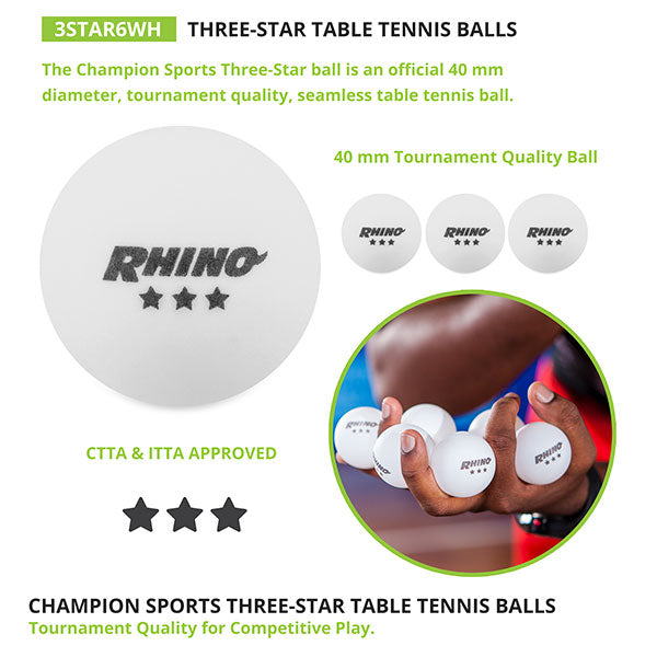 White Rhino 3 Star Table Tennis Balls (Pack of 6)
