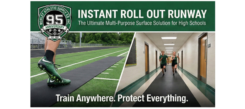 Advertisement for 'Instant Roll Out Runway' with a sports field and hallway images.