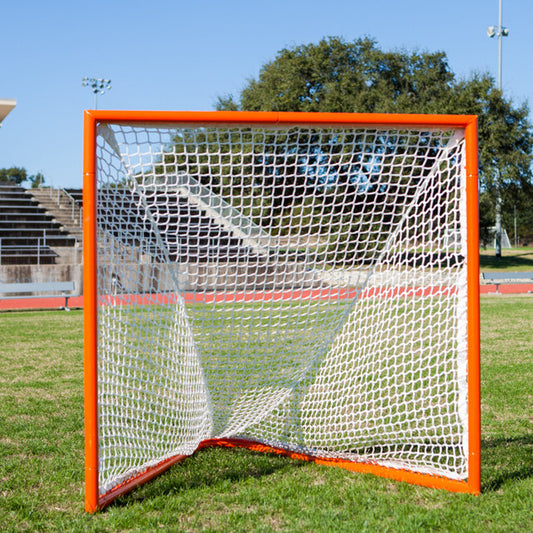 Official size 4x4 box lacrosse goal featuring a heavy-duty orange steel frame and white 5mm braided polyethylene net.