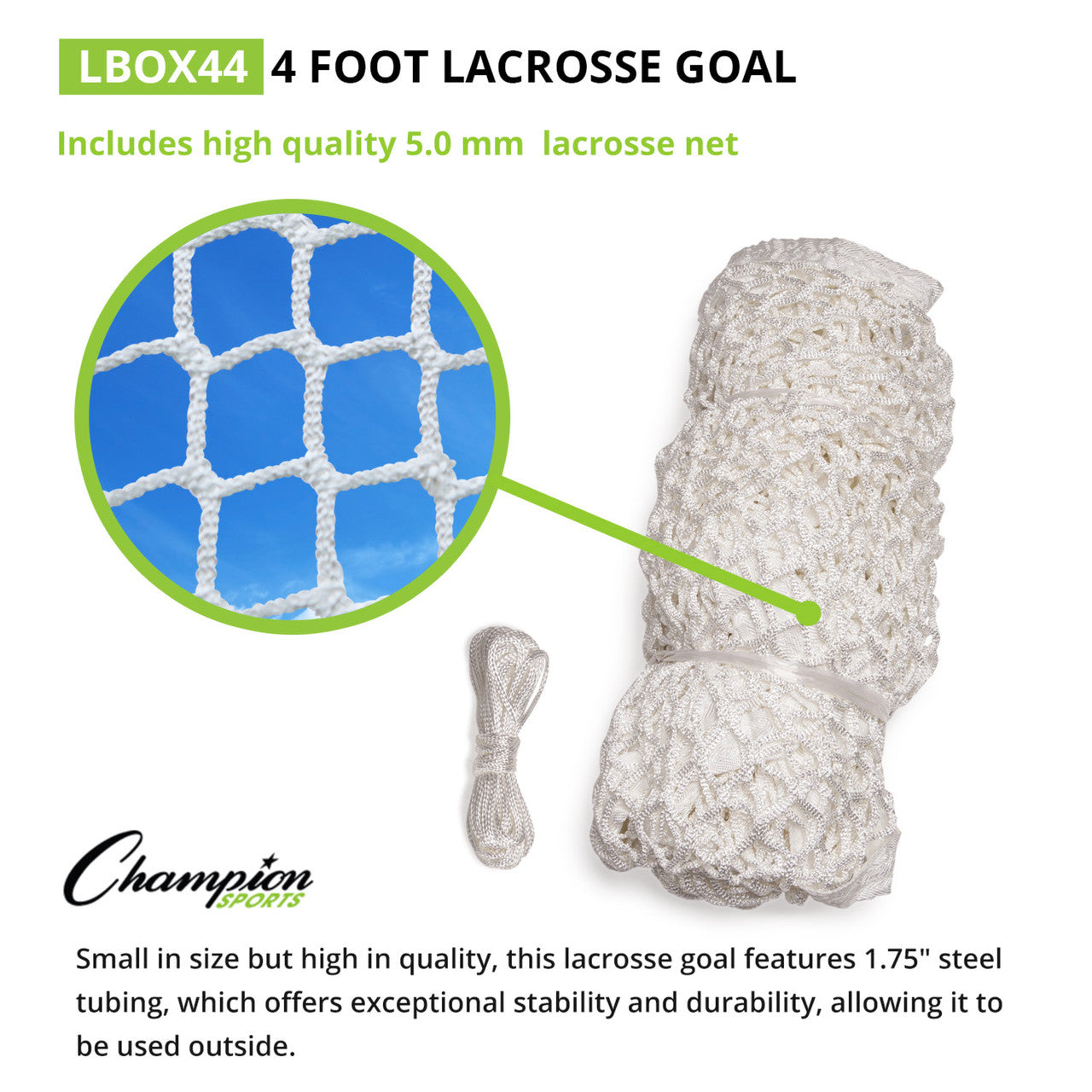 5mm net supplied with the Official size 4x4 box lacrosse goal featuring a heavy-duty orange steel frame and white 5mm braided polyethylene net.