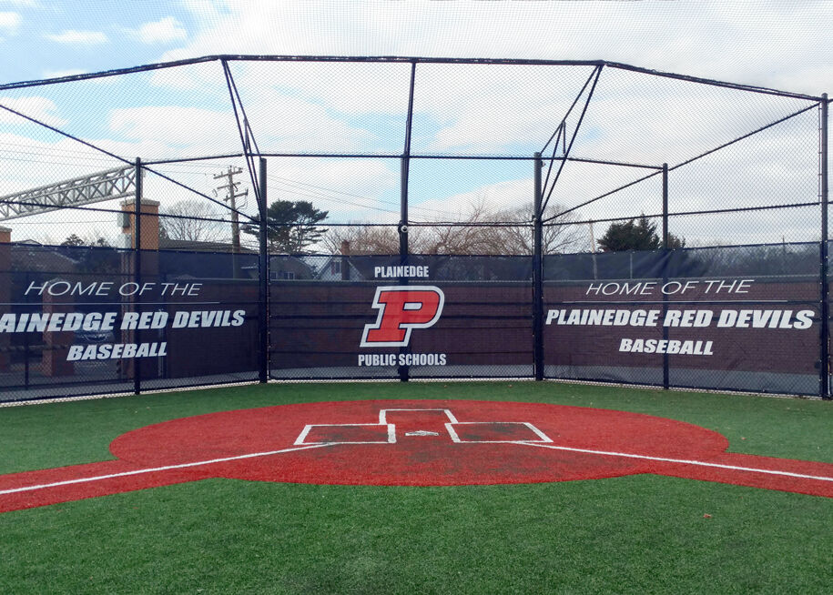 Fencemate windscreen - Baseball field with Plainedge Red Devils branding on a clear day