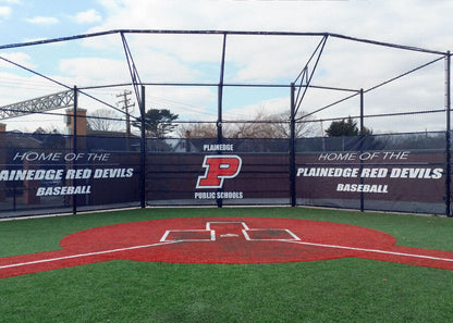 Fencemate windscreen - Baseball field with Plainedge Red Devils branding on a clear day