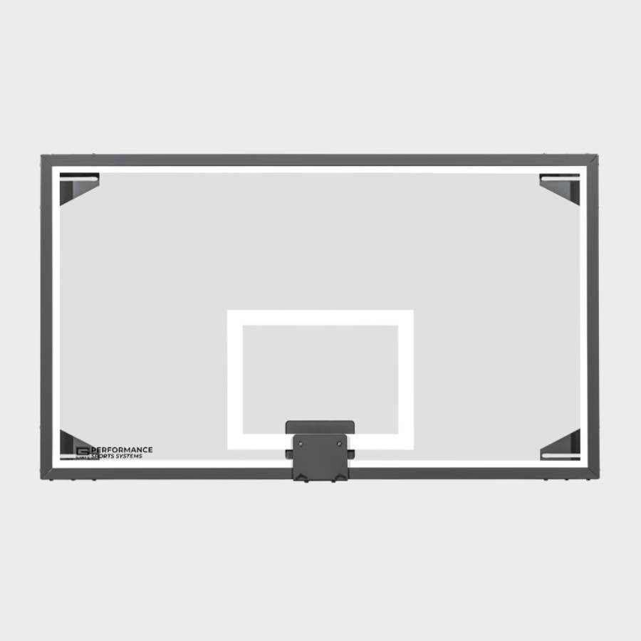 Front view of a professional 42 by 72 inch competition glass basketball backboard featuring a white target square and black frame.