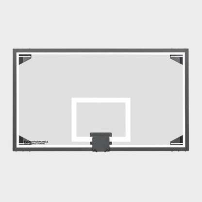 Front view of a professional 42 by 72 inch competition glass basketball backboard featuring a white target square and black frame.