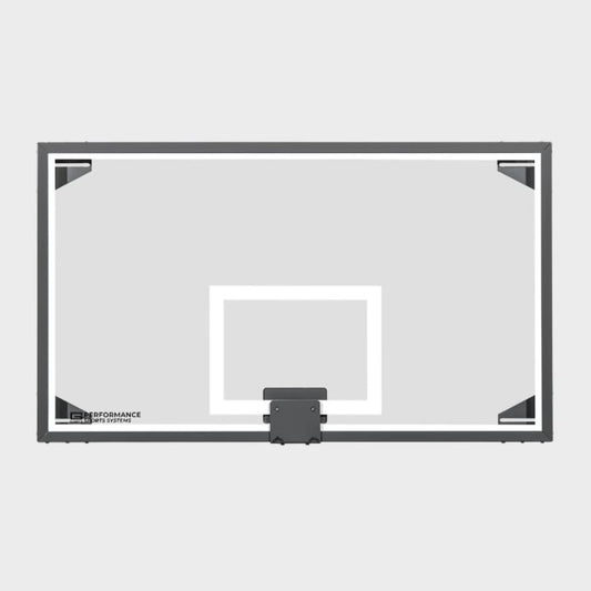 Front view of a professional 42 by 72 inch competition glass basketball backboard featuring a white target square and black frame.