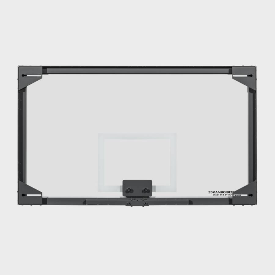Rear view of a 42 by 72 inch professional glass basketball backboard showcasing the heavy-duty black metal mounting frame and corner supports.