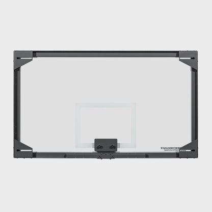 Rear view of a 42 by 72 inch professional glass basketball backboard showcasing the heavy-duty black metal mounting frame and corner supports.