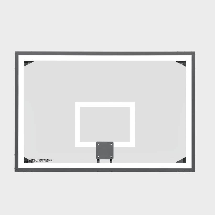 Front view of an oversized 48 by 72 inch steel-framed glass basketball backboard with a white border and target square.