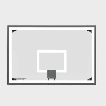 Front view of an oversized 48 by 72 inch steel-framed glass basketball backboard with a white border and target square.