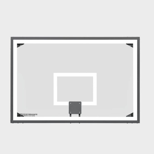 Front view of an oversized 48 by 72 inch steel-framed glass basketball backboard with a white border and target square.
