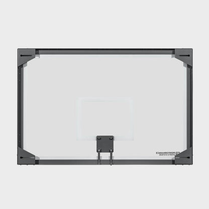 Rear view of a 48 by 72 inch oversized glass basketball backboard highlighting the heavy-duty steel frame, corner mounting brackets, and center support.