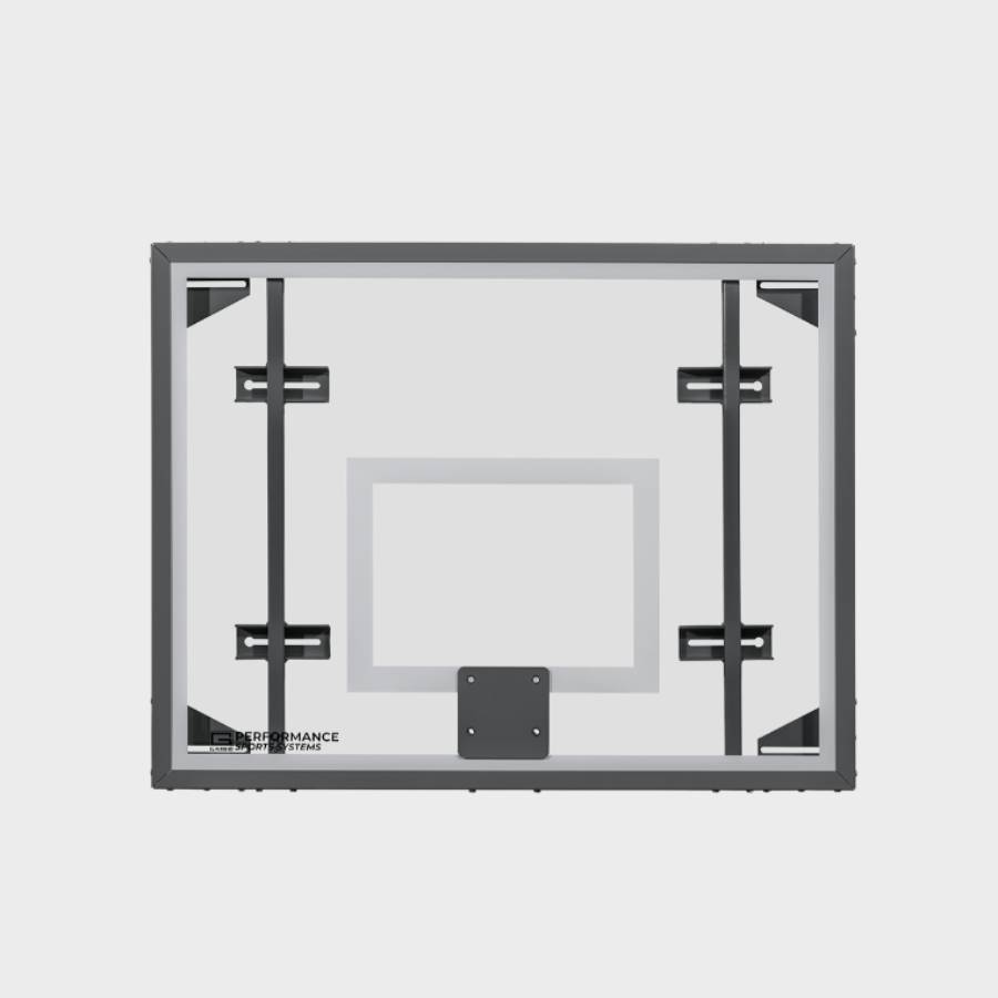 Front view of a 42 by 54 inch side court recreational glass basketball backboard featuring a white target square and visible vertical mounting struts.