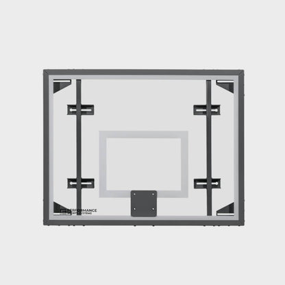 Front view of a 42 by 54 inch side court recreational glass basketball backboard featuring a white target square and visible vertical mounting struts.