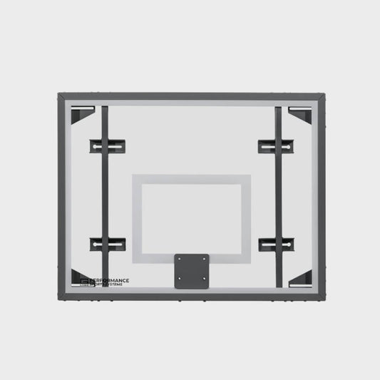 Front view of a 42 by 54 inch side court recreational glass basketball backboard featuring a white target square and visible vertical mounting struts.