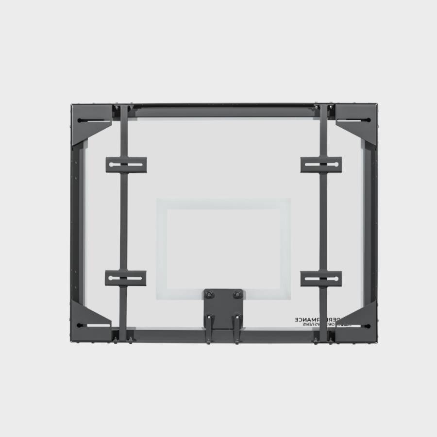 Rear view of a 42 by 54 inch recreational glass basketball backboard showcasing the black metal mounting frame, corner supports, and vertical slotted struts.