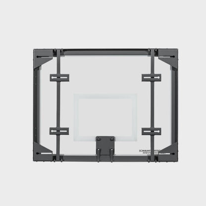 Rear view of a 42 by 54 inch recreational glass basketball backboard showcasing the black metal mounting frame, corner supports, and vertical slotted struts.