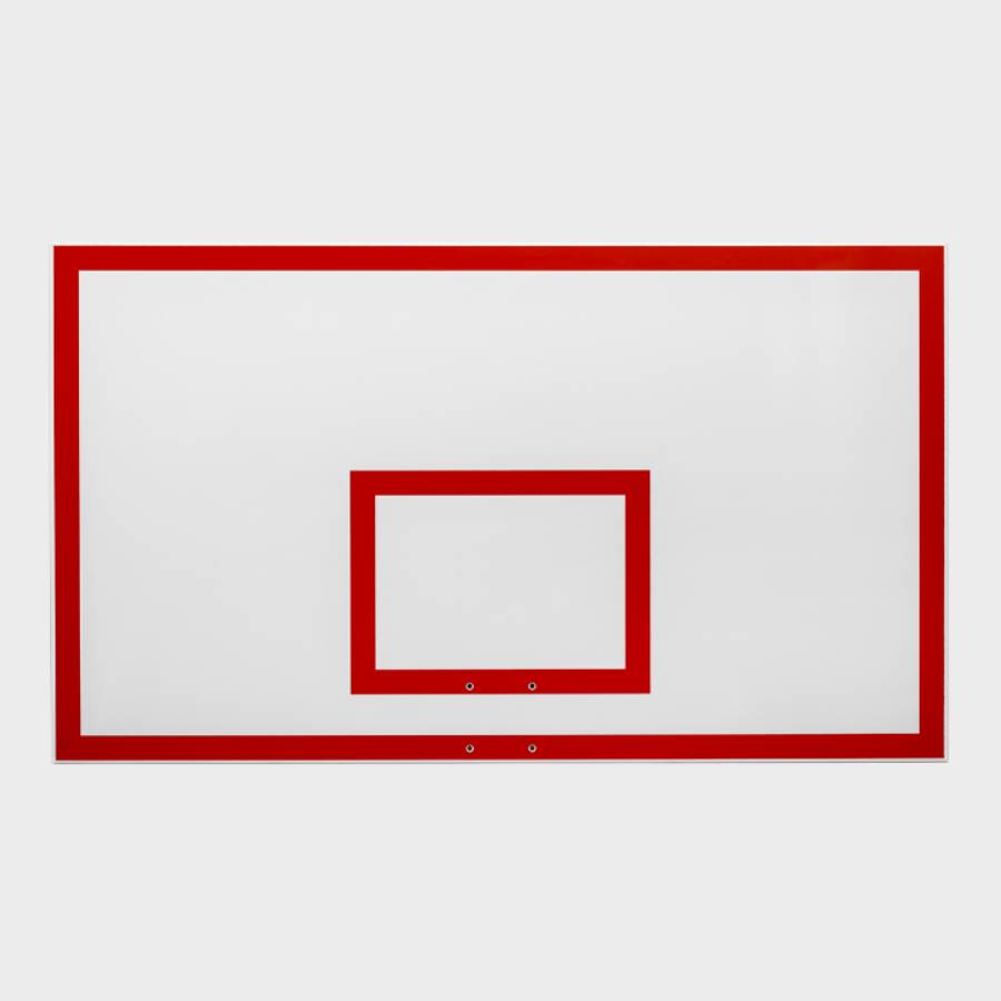 Front view of a 42 by 72 inch full-sized white steel playground basketball backboard featuring a red painted border and target square.