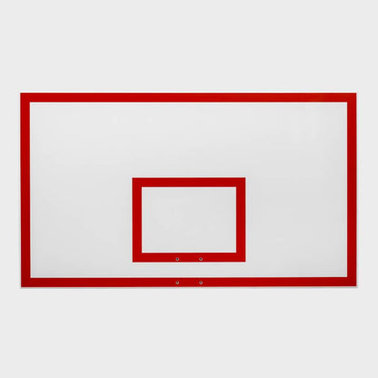 Front view of a 42 by 72 inch full-sized white steel playground basketball backboard featuring a red painted border and target square.