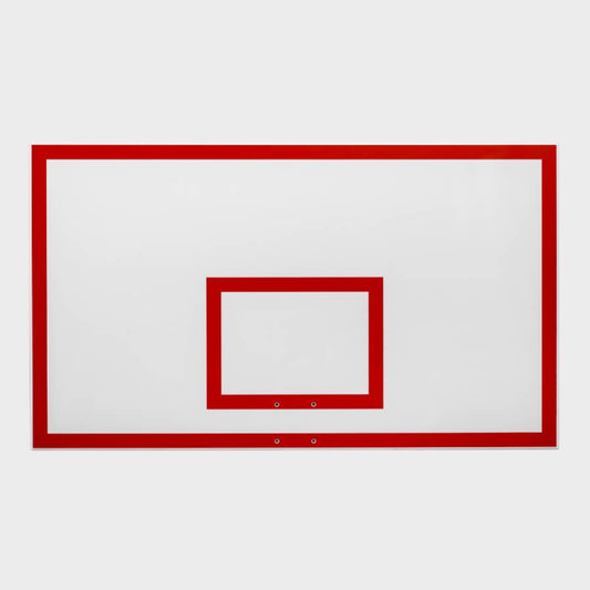 Front view of a 42 by 72 inch full-sized white steel playground basketball backboard featuring a red painted border and target square.