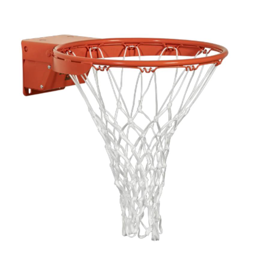 Angled profile view of an orange Collegiate 2000+ breakaway basketball rim complete with a standard white nylon net.