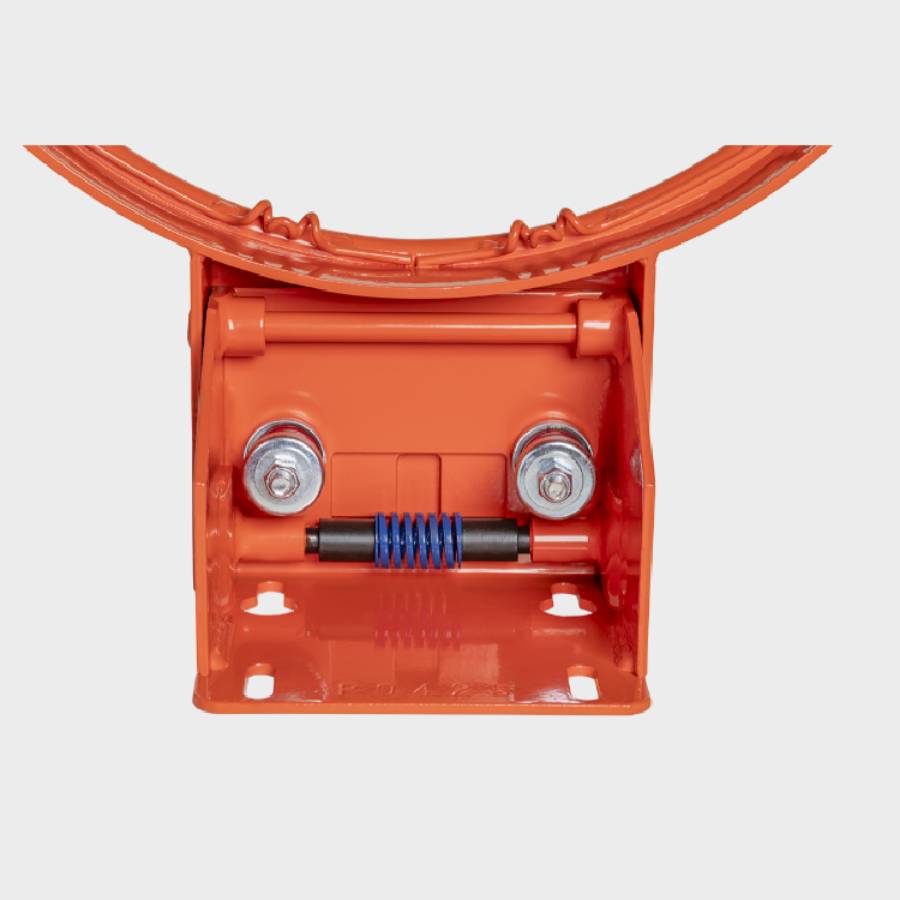 Close-up rear view of a breakaway basketball rim mounting bracket revealing the internal blue tension spring and heavy-duty hardware.
