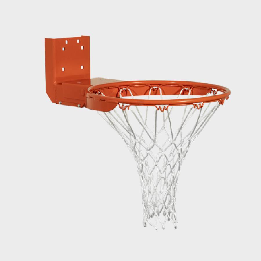 Angled side view of an orange rear-mount playground breakaway basketball rim complete with a white nylon net and tall mounting bracket.