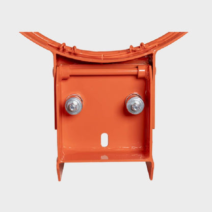 Close-up view of the heavy-duty enclosed mechanism on a rear-mount breakaway basketball rim, detailing the steel hinge pin and internal mounting bolts.