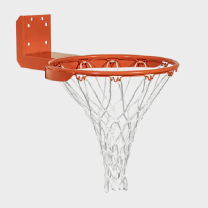 Angled side view of an orange rear-mount institutional fixed basketball rim featuring a standard white nylon net and heavy-duty L-shaped bracket.