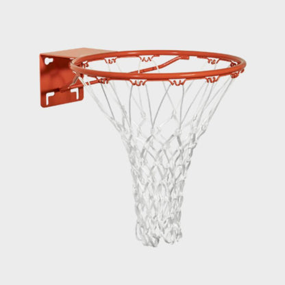 Angled side view of an orange institutional fixed basketball rim featuring a standard white nylon net and front-mount backplate.