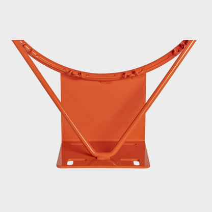 Direct rear view of an institutional fixed basketball rim mounting bracket, highlighting the heavy-duty welded steel V-braces and slotted mounting holes.