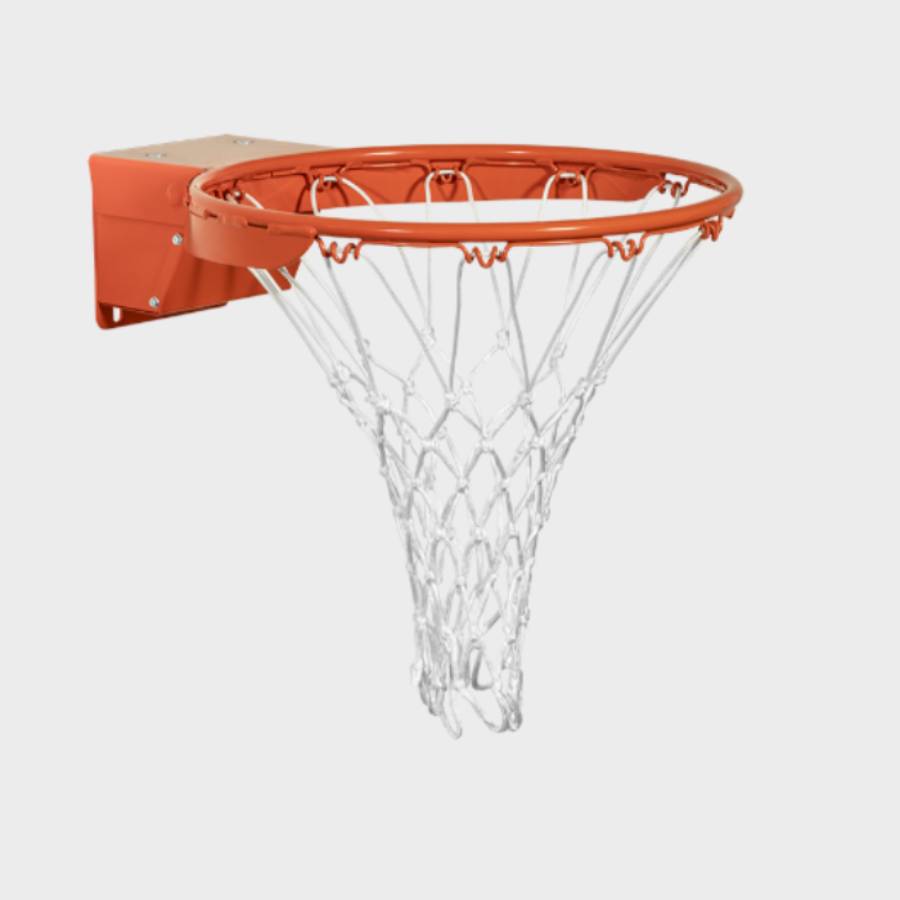 Angled side view of an orange Scholastic Flex breakaway basketball rim featuring a standard white nylon net and enclosed mounting bracket.
