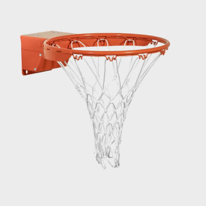 Angled side view of an orange Scholastic Flex breakaway basketball rim featuring a standard white nylon net and enclosed mounting bracket.