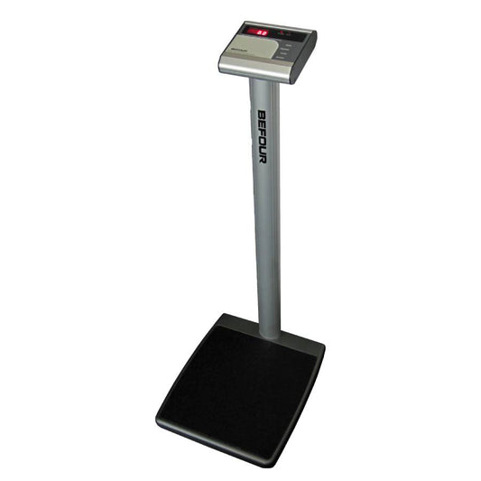 Digital scale with a black platform and silver top on a white background