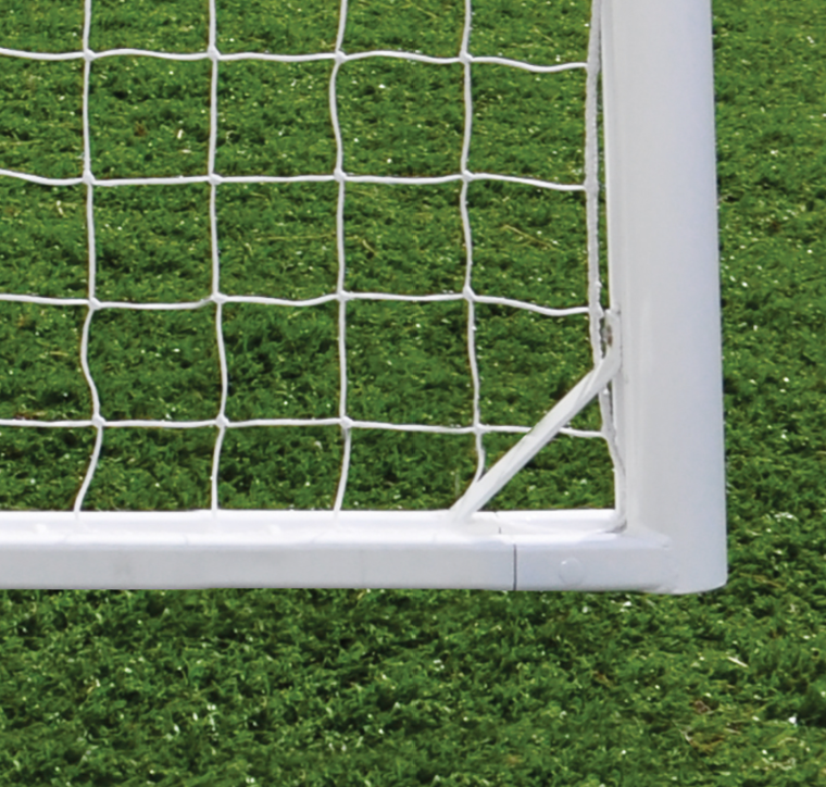 Close up of the black and white soccer net on the Jaypro FIFA compliant soccer goal showing corner construction