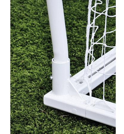 Close up of the heavy-duty aluminum corner frame on the Jaypro soccer goal