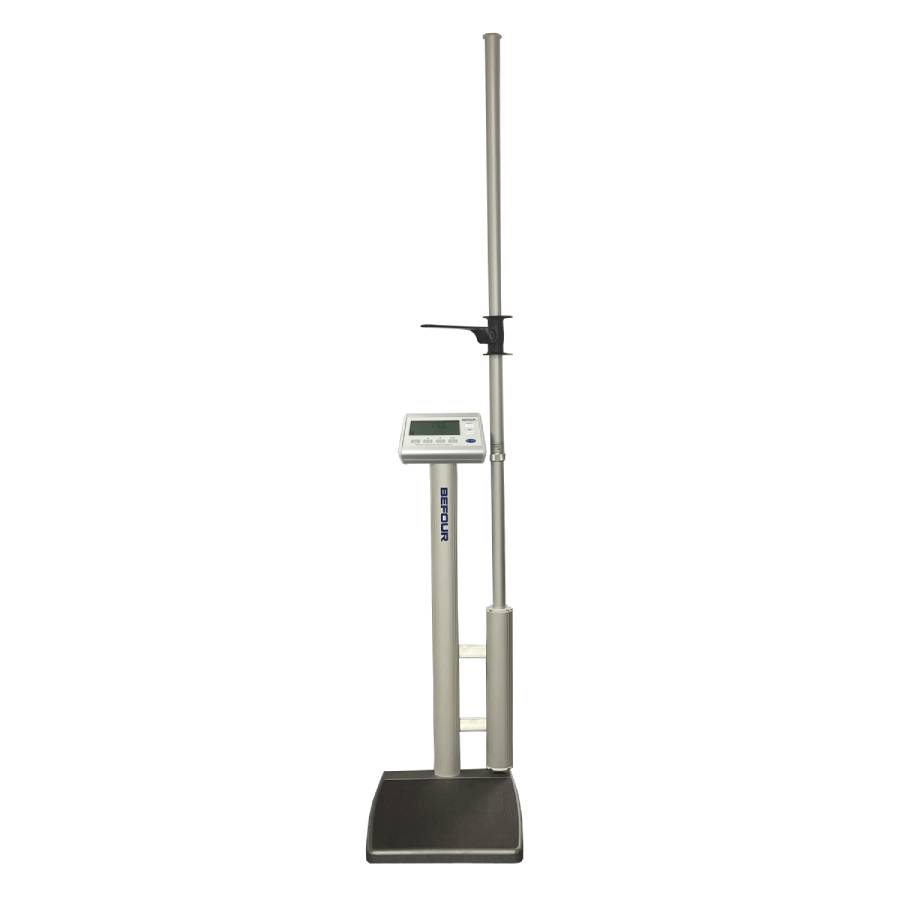 Front view of the Befour WH-1062 digital column scale showing the large LCD display, low profile 16x18 inch platform, and Opti-Height optical stadiometer.